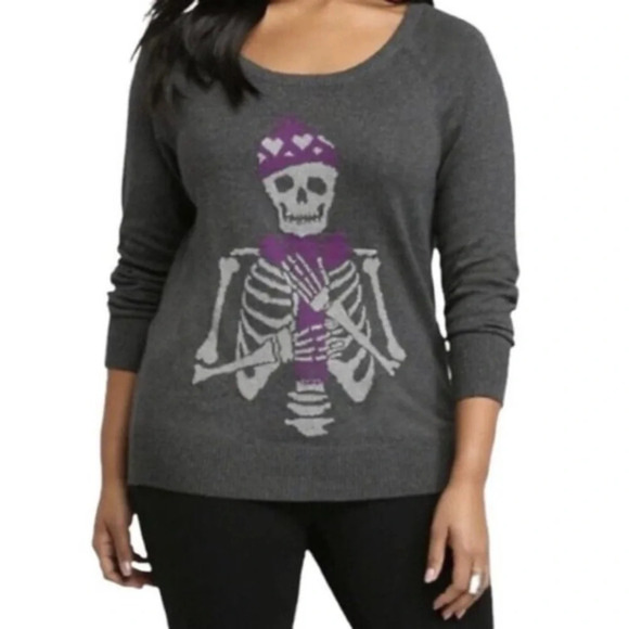 torrid Dark Gray Winter Hearts Skeleton Wide Neck Sweater 1X Women’s - Picture 1 of 11